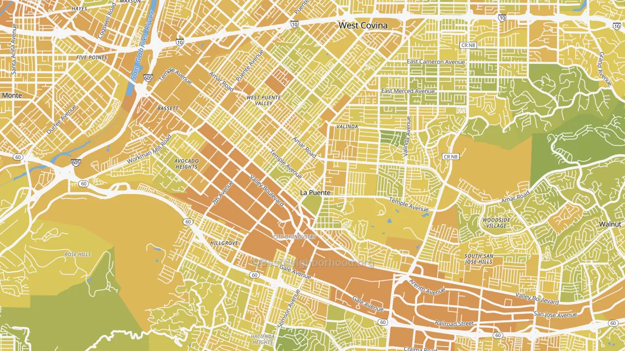 Map of the best neighborhoods in the La Puente area, with better matches in green and worse matches in red