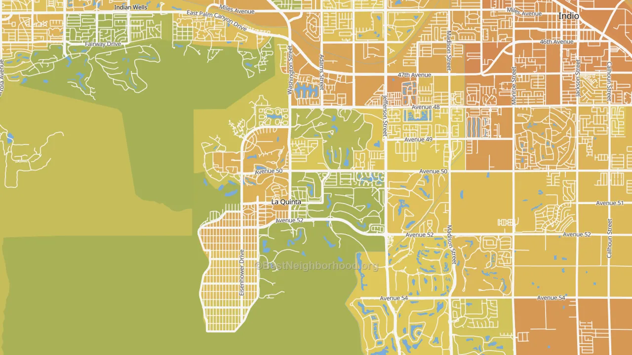 Map of the best neighborhoods in the La Quinta area, with better matches in green and worse matches in red