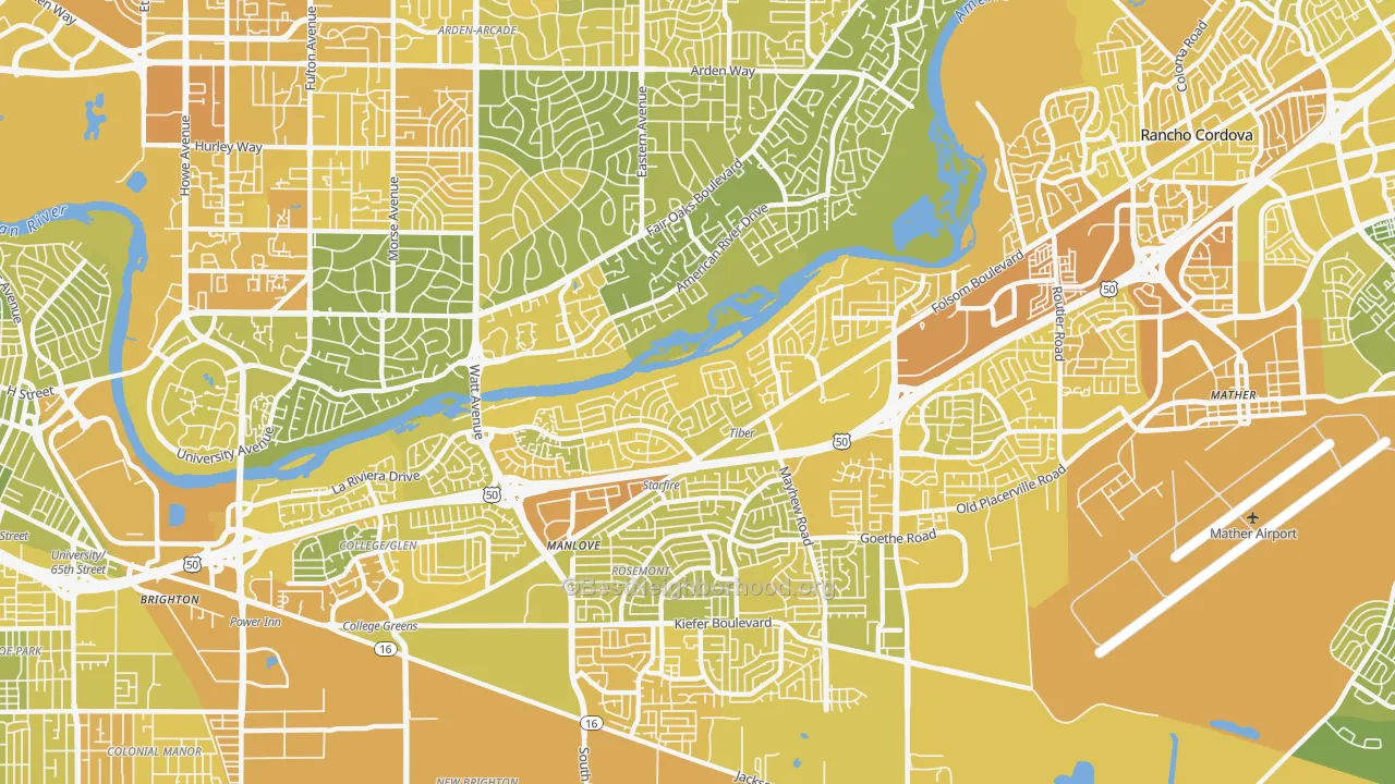 Map of the best neighborhoods in the La Riviera area, with better matches in green and worse matches in red