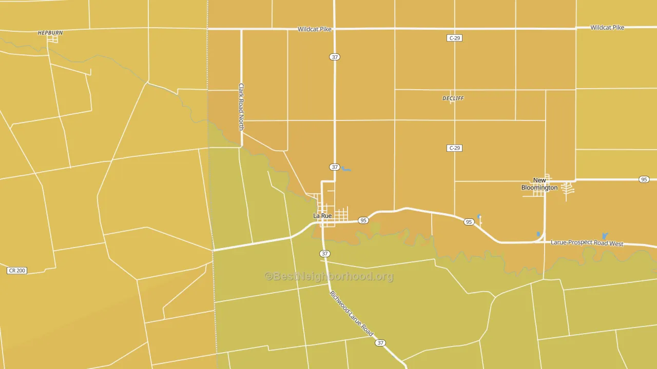 Map of the best neighborhoods in the La Rue area, with better matches in green and worse matches in red