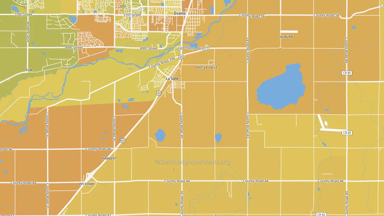 Map of the best neighborhoods in the La Salle area, with better matches in green and worse matches in red