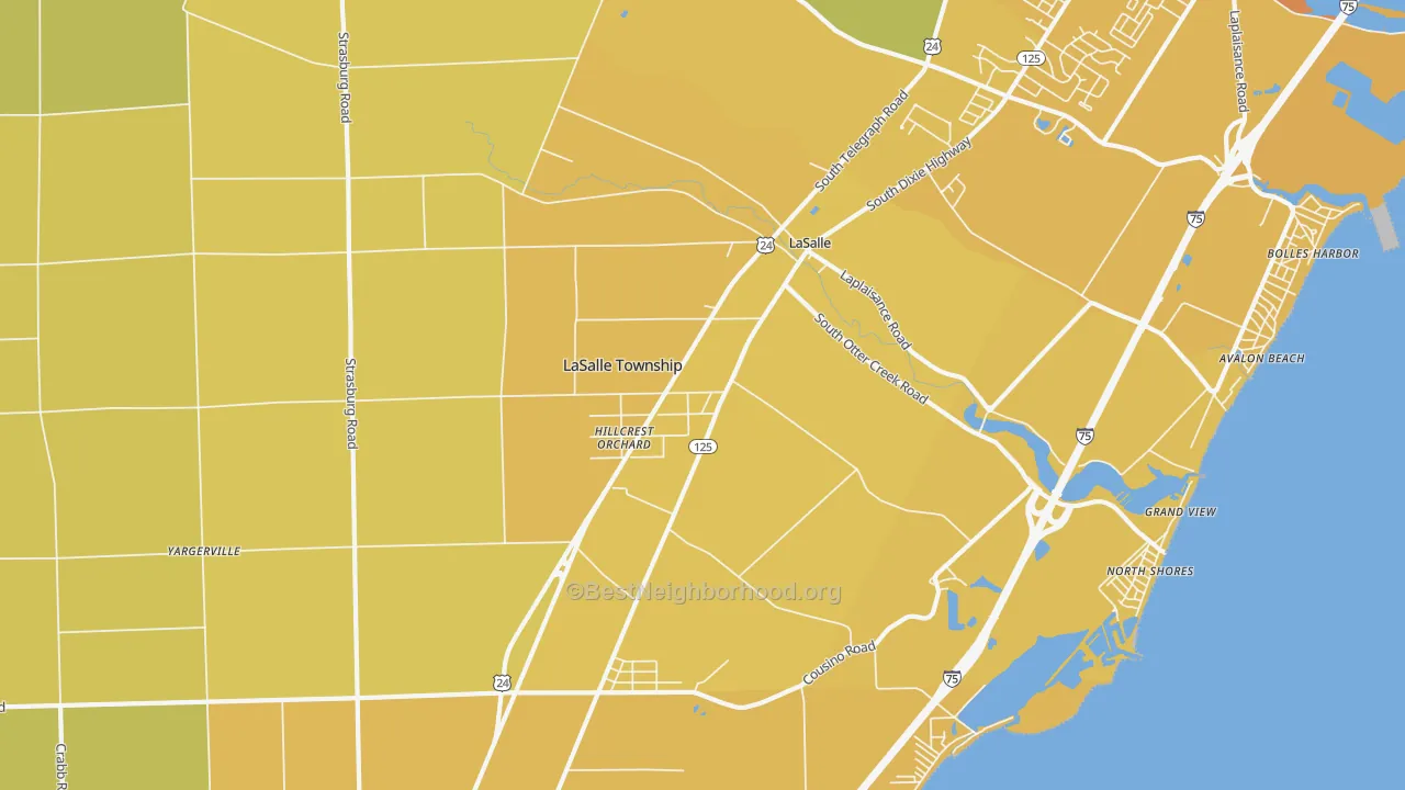 Map of the best neighborhoods in the La Salle area, with better matches in green and worse matches in red