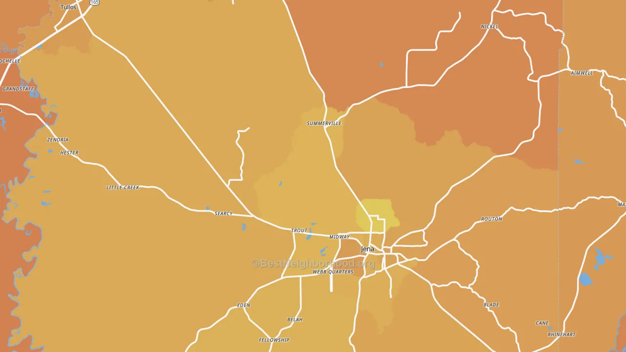 Map of the best neighborhoods in the LaSalle Parish area, with better matches in green and worse matches in red