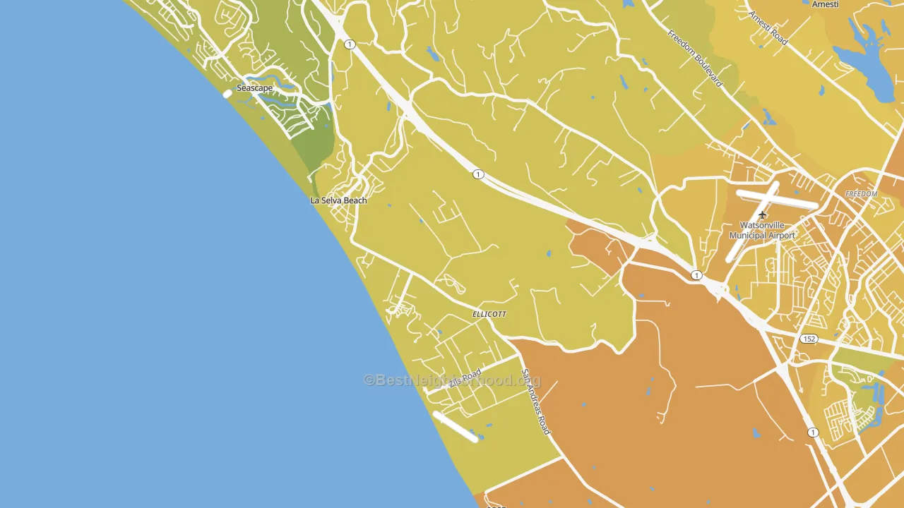Map of the best neighborhoods in the La Selva Beach area, with better matches in green and worse matches in red