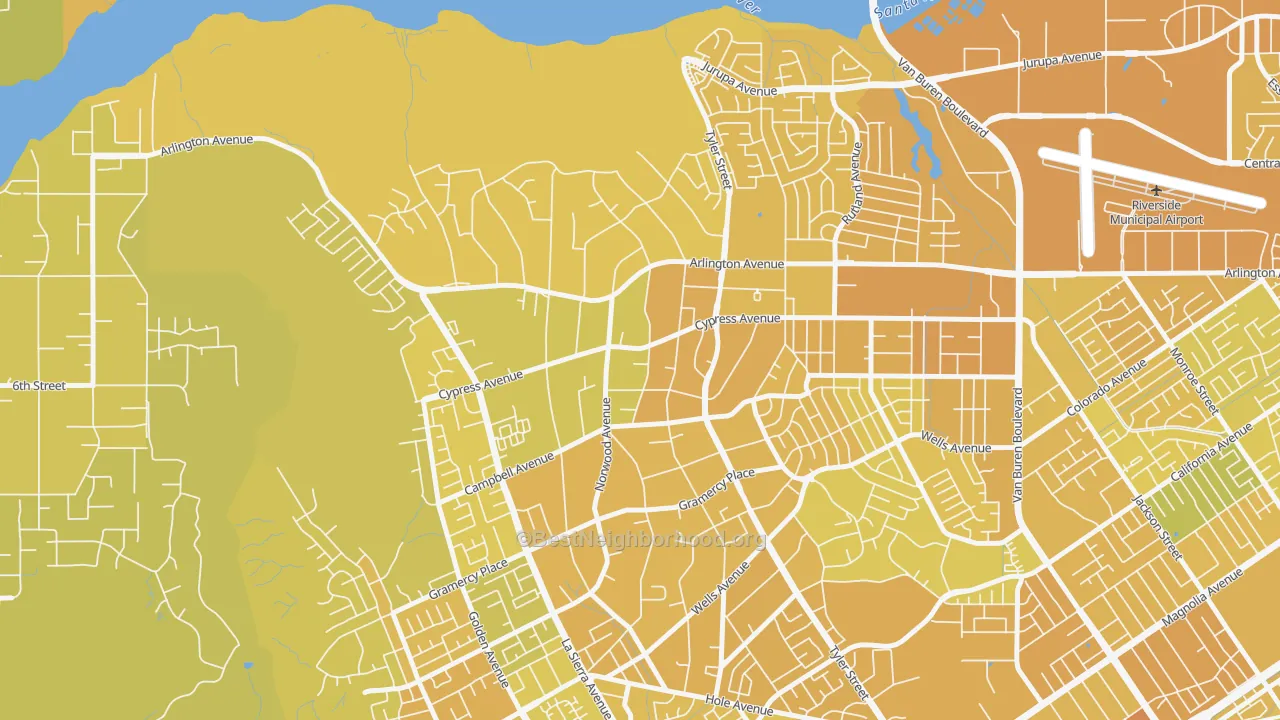 Map of the best neighborhoods in the La Sierra Acres, Riverside area, with better matches in green and worse matches in red