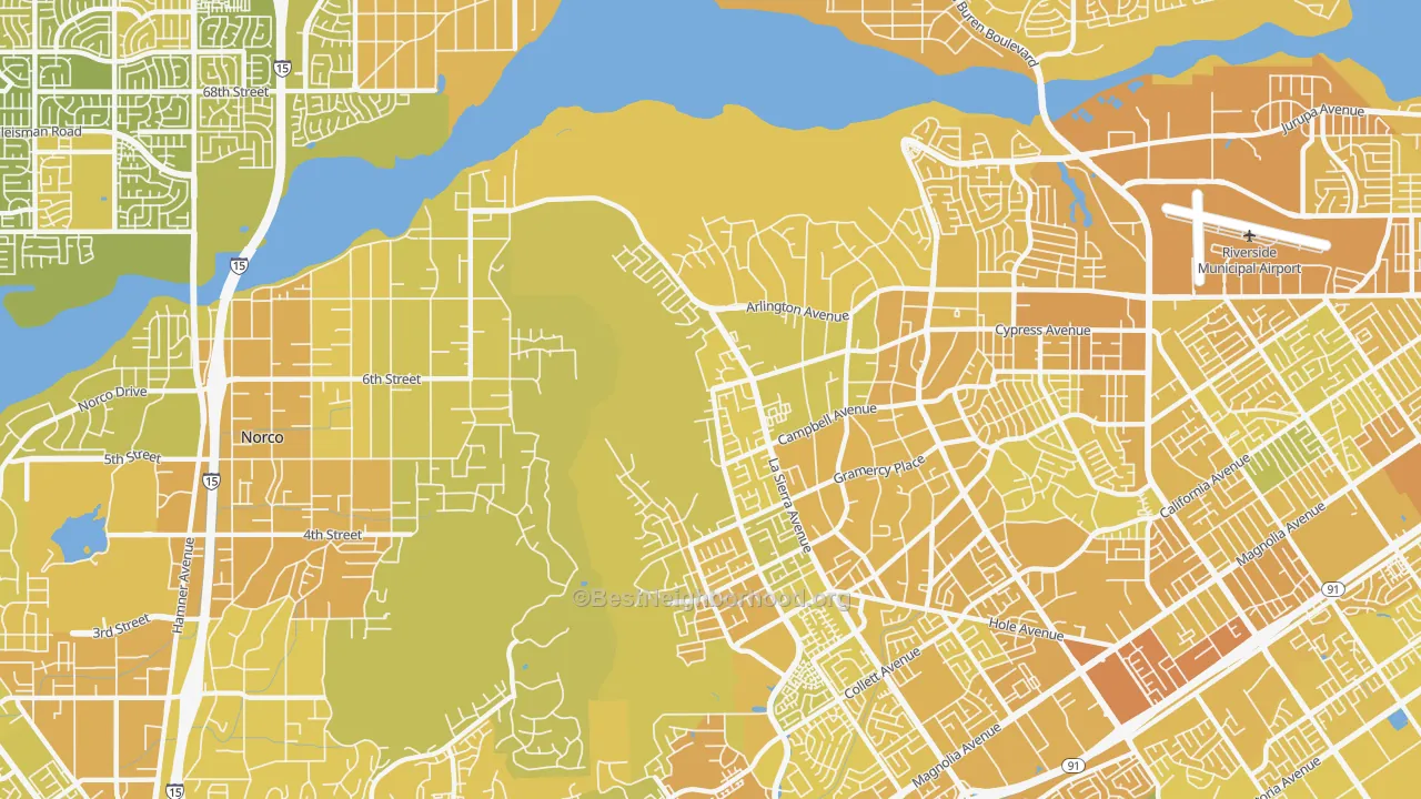 Map of the best neighborhoods in the La Sierra Hills, Riverside area, with better matches in green and worse matches in red