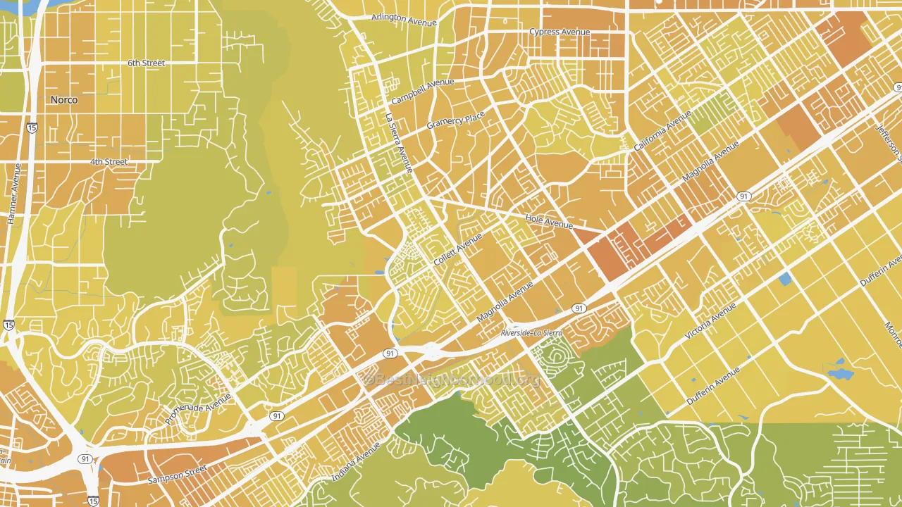 Map of the best neighborhoods in the La Sierra, Riverside area, with better matches in green and worse matches in red
