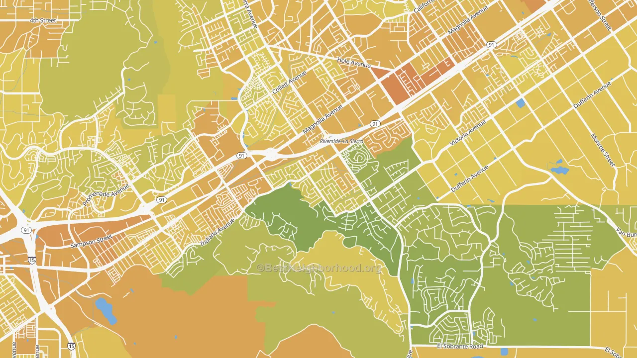 Map of the best neighborhoods in the La Sierra South, Riverside area, with better matches in green and worse matches in red