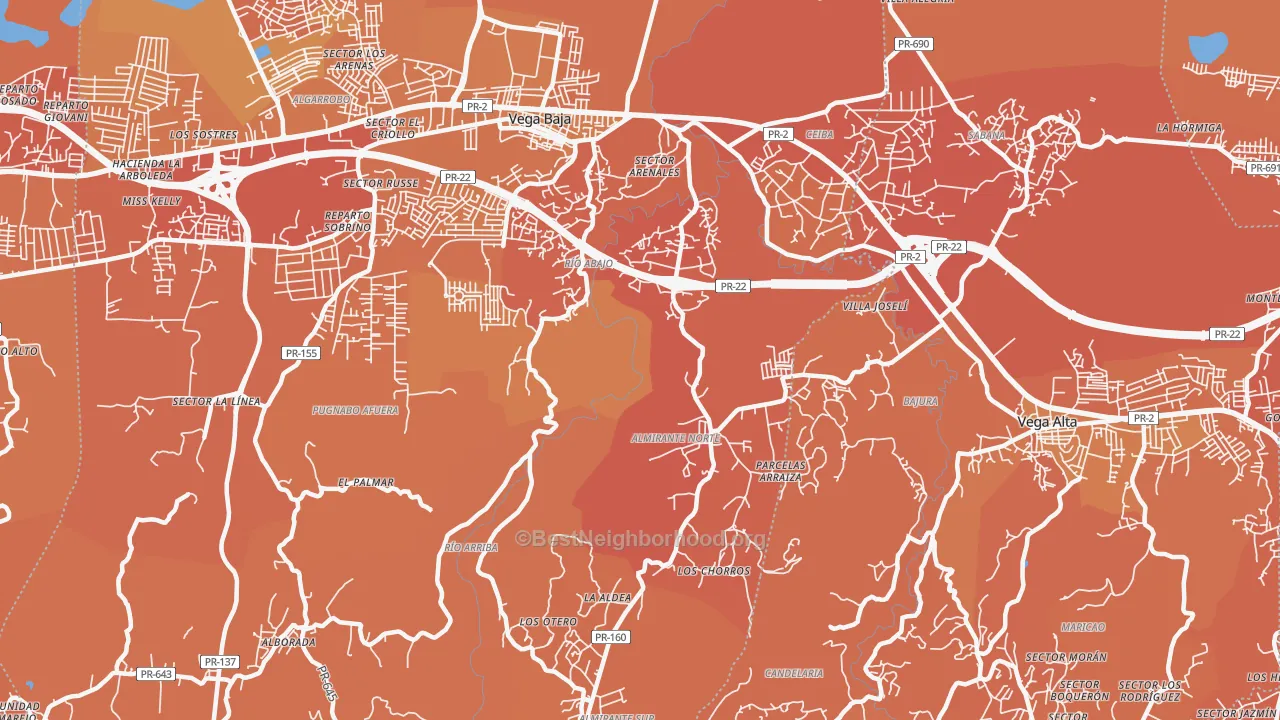 Map of the best neighborhoods in the La Trocha area, with better matches in green and worse matches in red