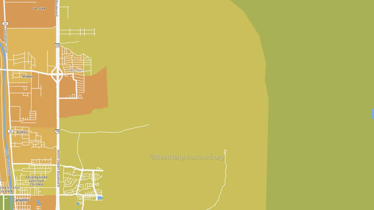 Map of the best neighborhoods in the La Tuna area, with better matches in green and worse matches in red