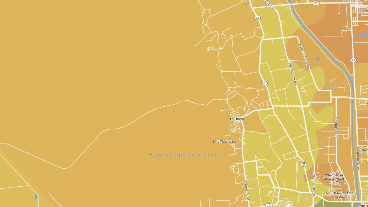 Map of the best neighborhoods in the La Union area, with better matches in green and worse matches in red