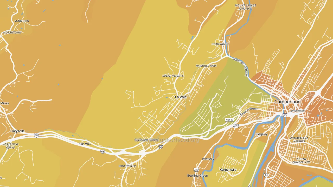 Map of the best neighborhoods in the La Vale area, with better matches in green and worse matches in red