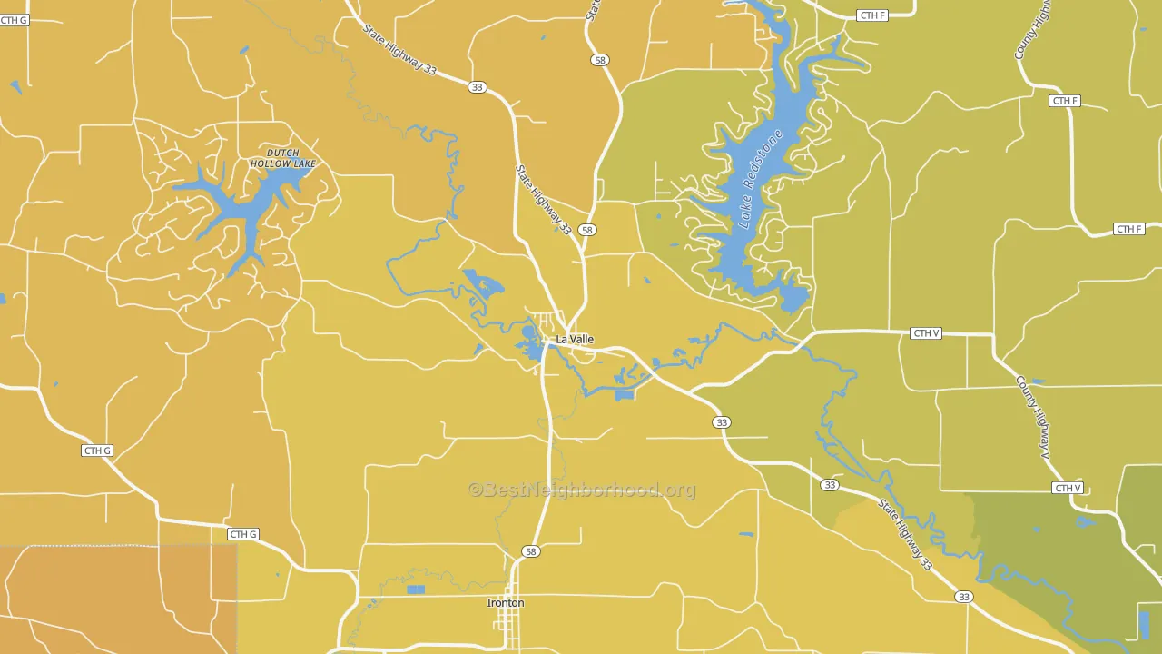 Map of the best neighborhoods in the La Valle area, with better matches in green and worse matches in red