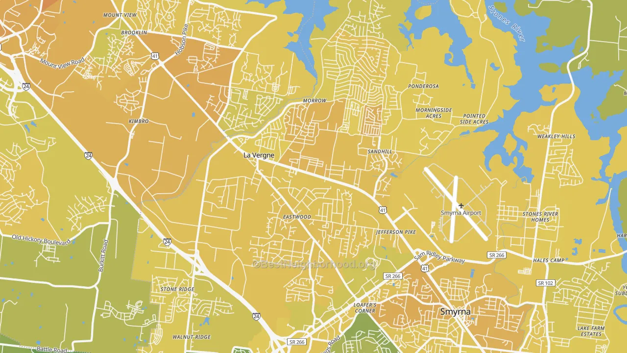 Map of the best neighborhoods in the La Vergne area, with better matches in green and worse matches in red