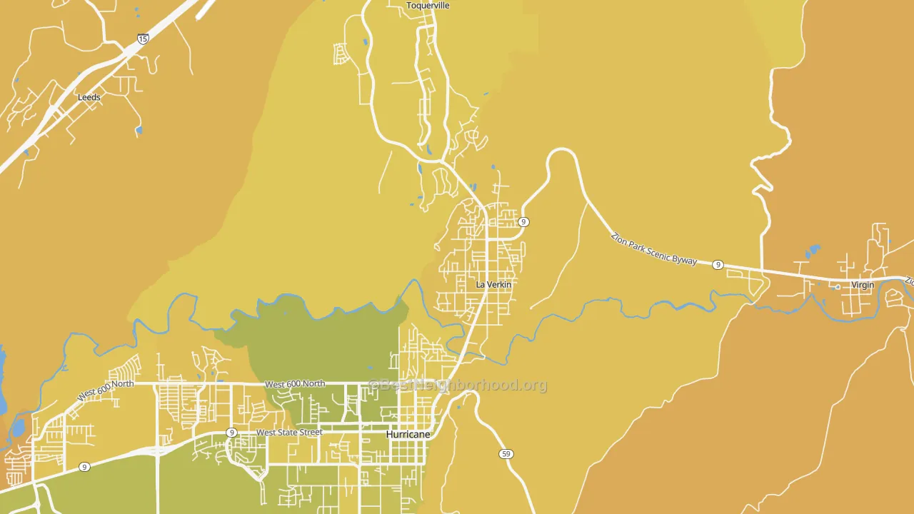 Map of the best neighborhoods in the La Verkin area, with better matches in green and worse matches in red