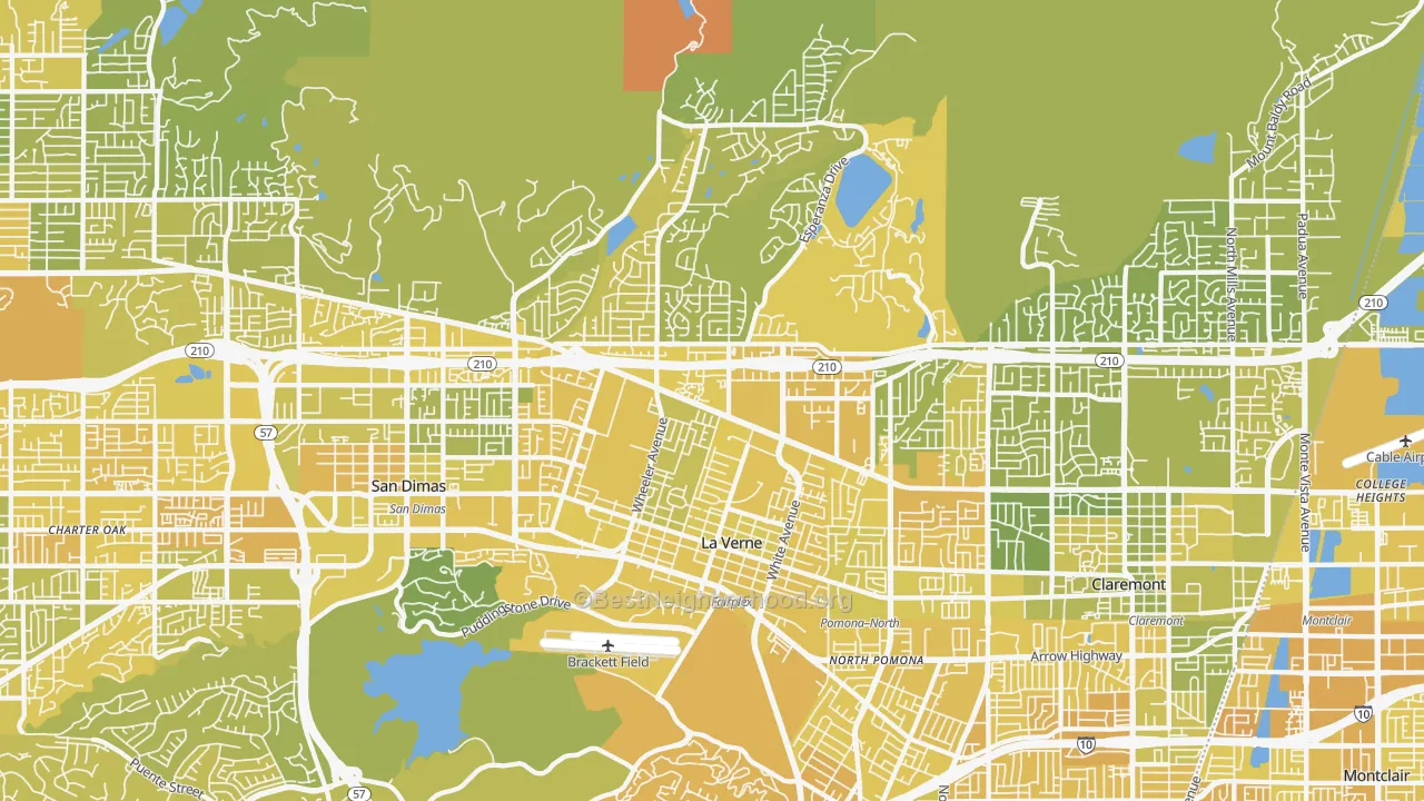 Map of the best neighborhoods in the La Verne area, with better matches in green and worse matches in red