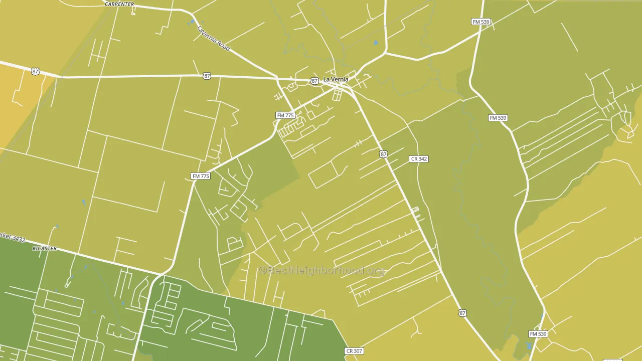Map of the best neighborhoods in the La Vernia area, with better matches in green and worse matches in red