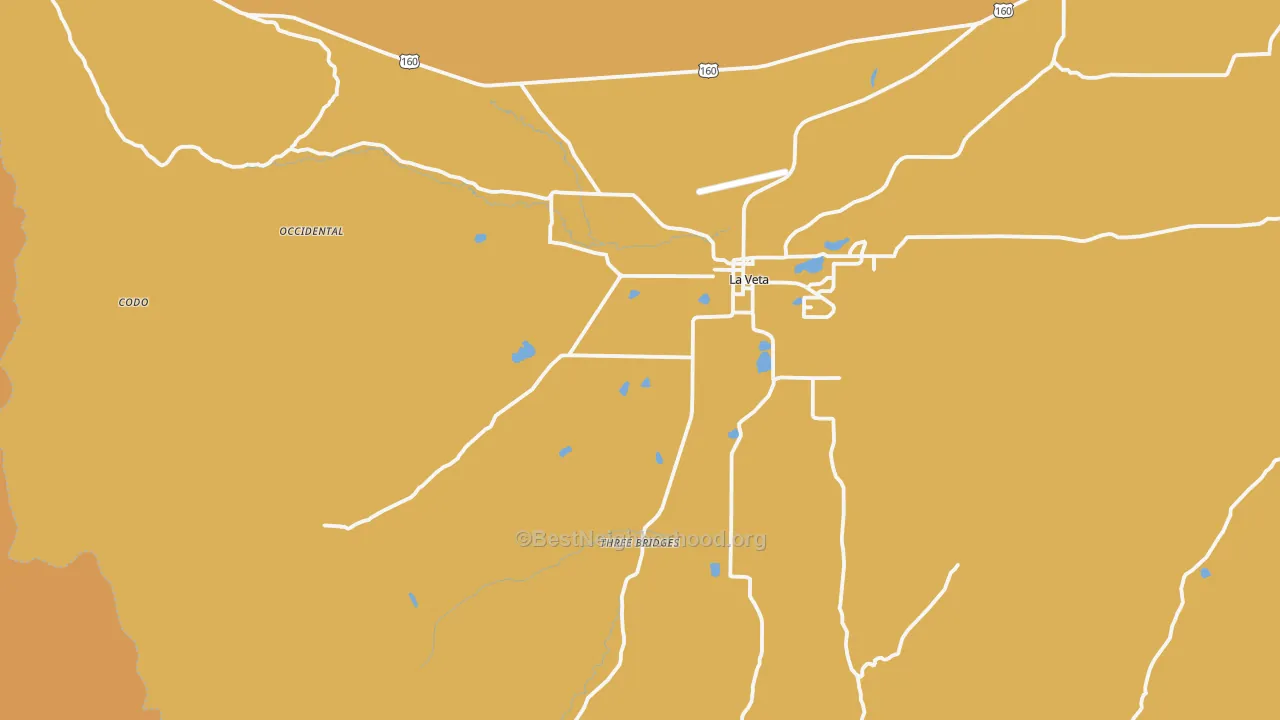 Map of the best neighborhoods in the La Veta area, with better matches in green and worse matches in red