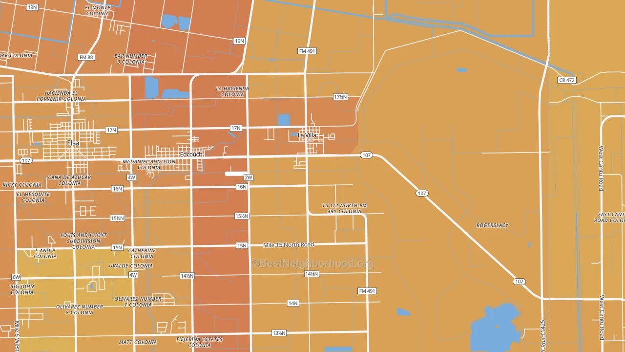 Map of the best neighborhoods in the La Villa area, with better matches in green and worse matches in red