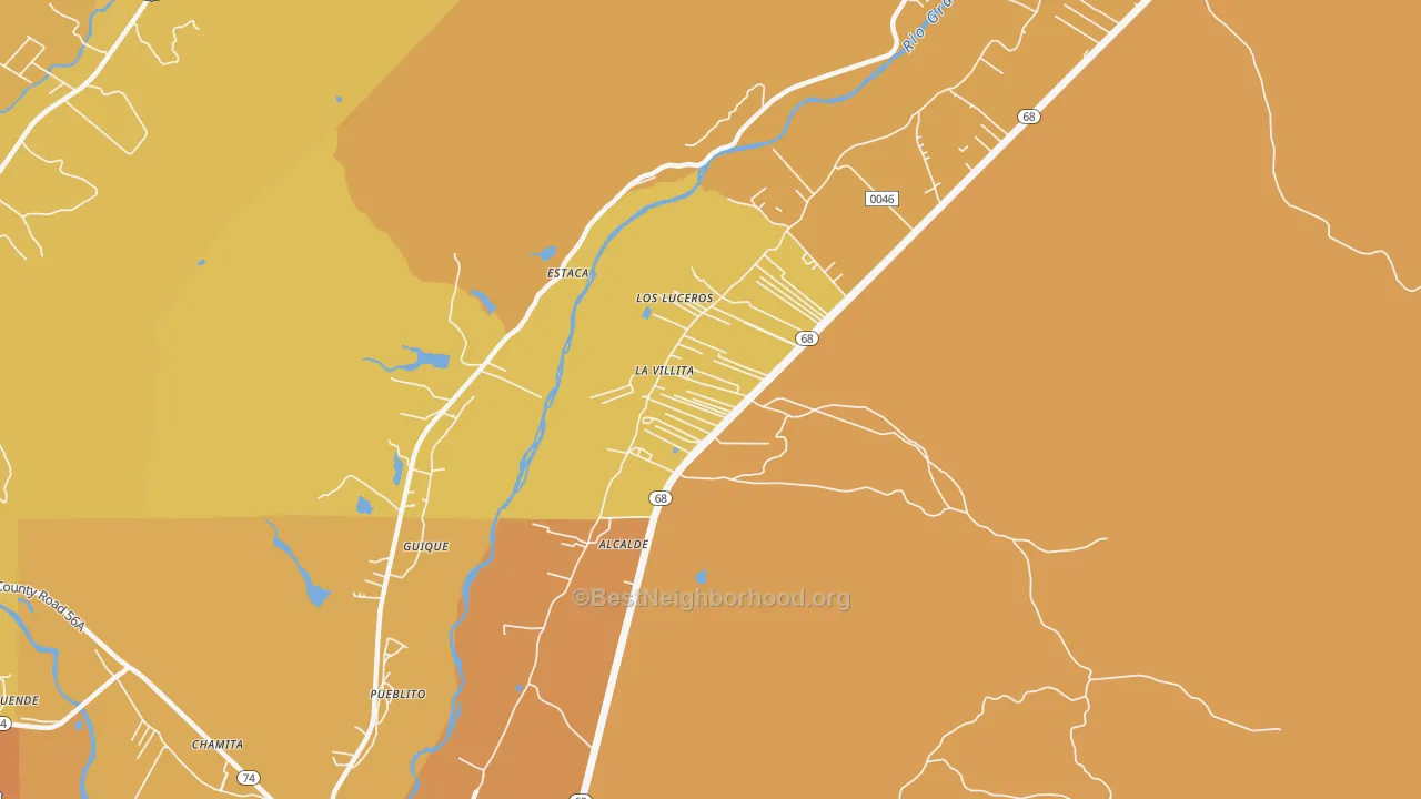Map of the best neighborhoods in the La Villita area, with better matches in green and worse matches in red