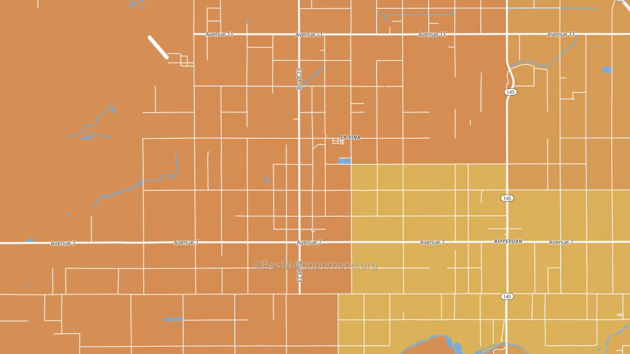 Map of the best neighborhoods in the La Vina area, with better matches in green and worse matches in red