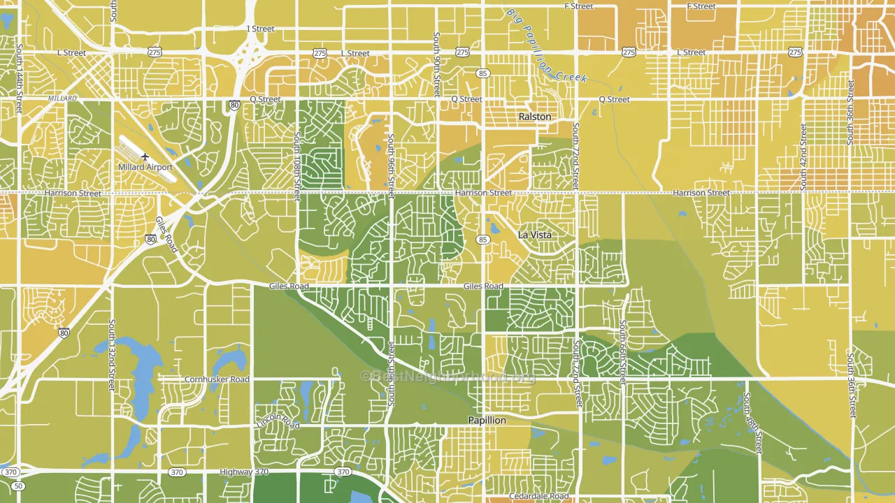 Map of the best neighborhoods in the La Vista area, with better matches in green and worse matches in red
