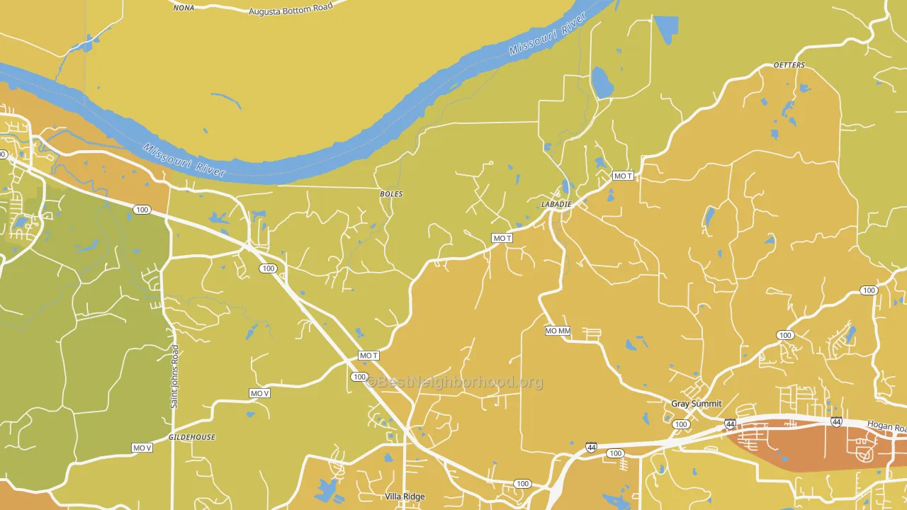 Map of the best neighborhoods in the Labadie area, with better matches in green and worse matches in red