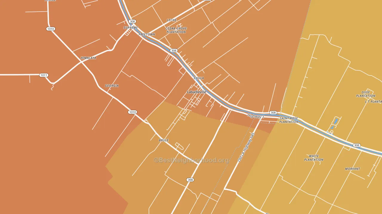 Map of the best neighborhoods in the Labadieville area, with better matches in green and worse matches in red