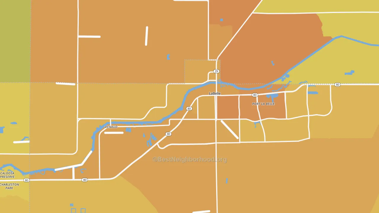 Map of the best neighborhoods in the Labelle area, with better matches in green and worse matches in red