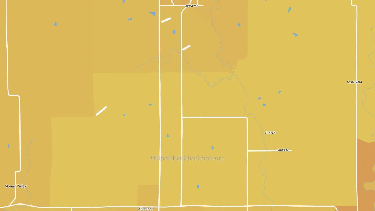 Map of the best neighborhoods in the Labette County area, with better matches in green and worse matches in red