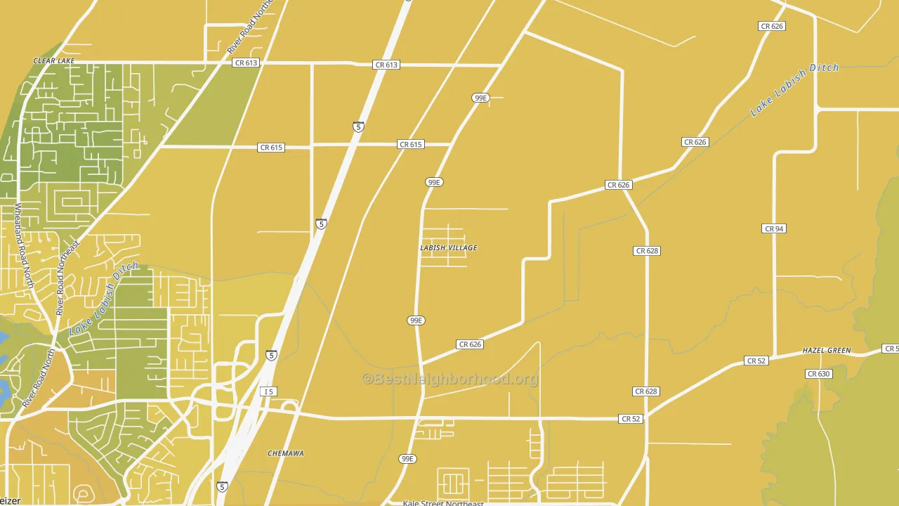 Map of the best neighborhoods in the Labish Village area, with better matches in green and worse matches in red