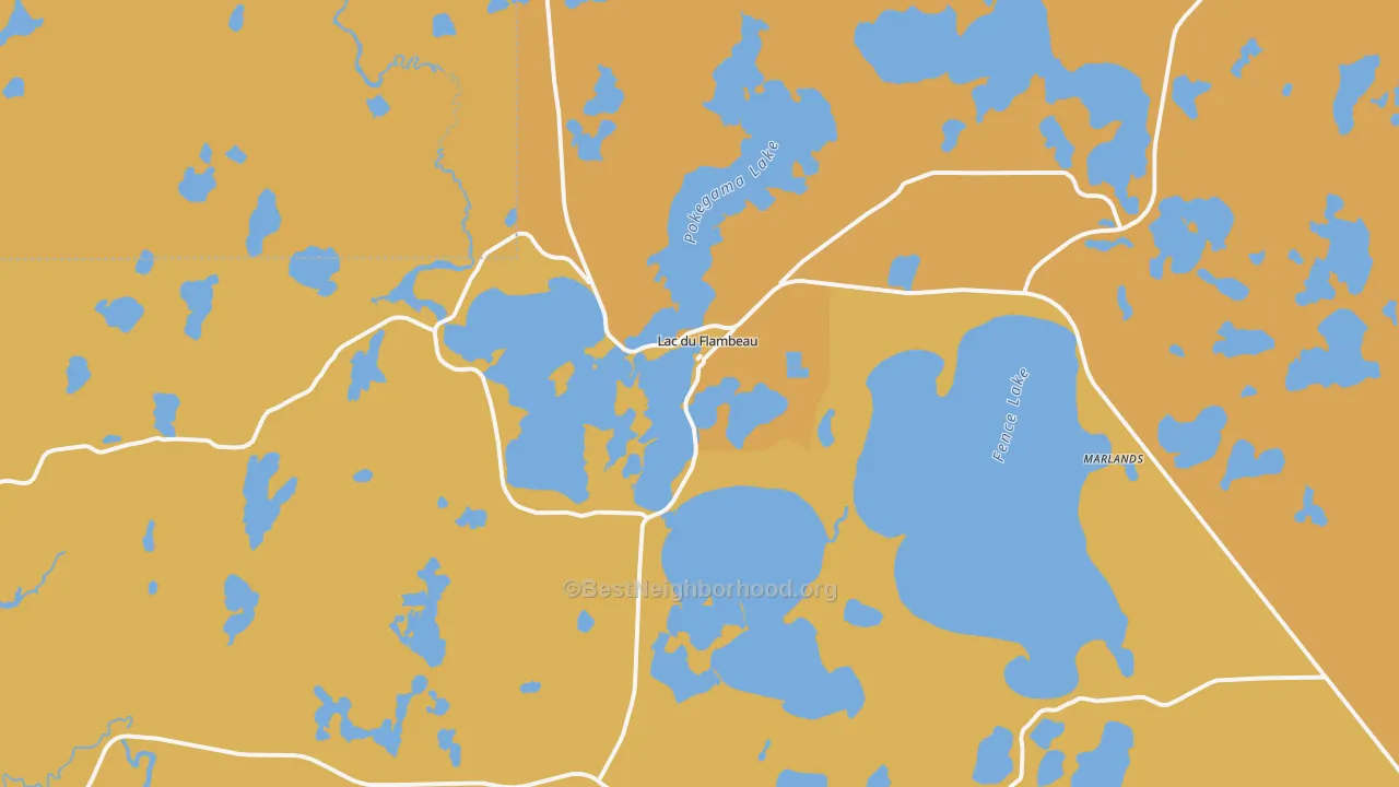 Map of the best neighborhoods in the Lac Du Flambeau area, with better matches in green and worse matches in red