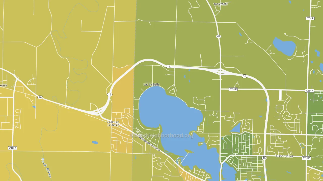 Map of the best neighborhoods in the Lac La Belle area, with better matches in green and worse matches in red
