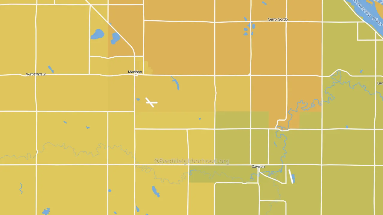 Map of the best neighborhoods in the Lac qui Parle County area, with better matches in green and worse matches in red