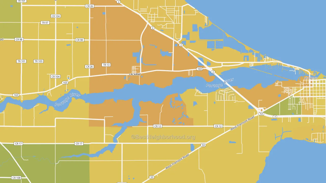 Map of the best neighborhoods in the Lacarne area, with better matches in green and worse matches in red