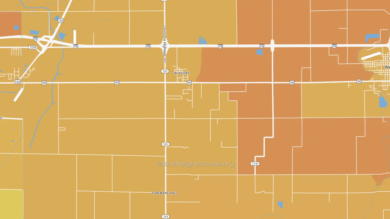 Map of the best neighborhoods in the Lacassine area, with better matches in green and worse matches in red