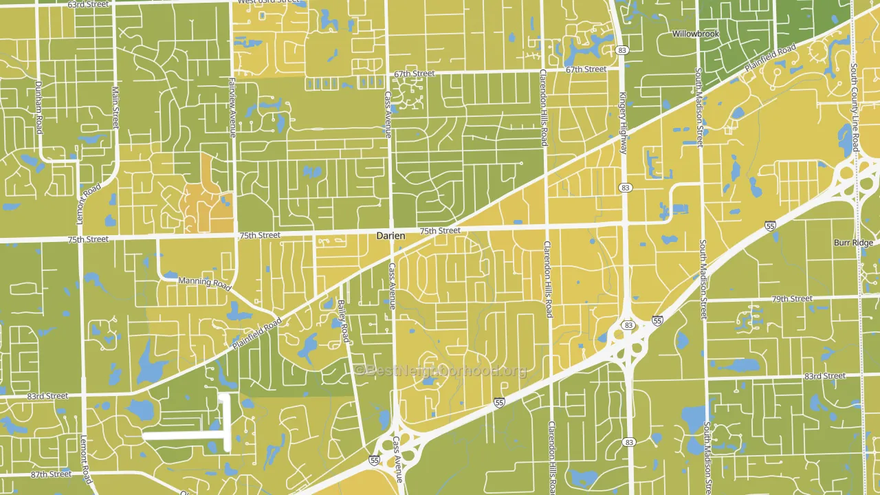 Map of the best neighborhoods in the Lace, Darien area, with better matches in green and worse matches in red