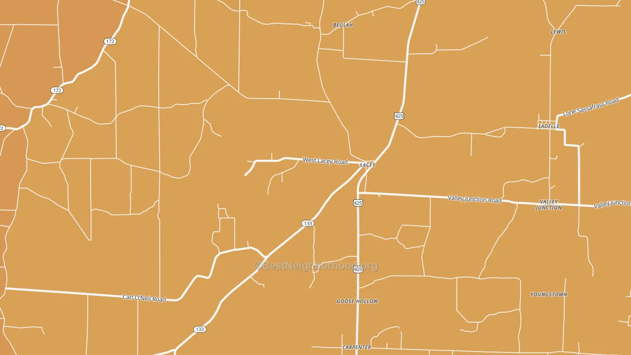 Map of the best neighborhoods in the Lacey area, with better matches in green and worse matches in red