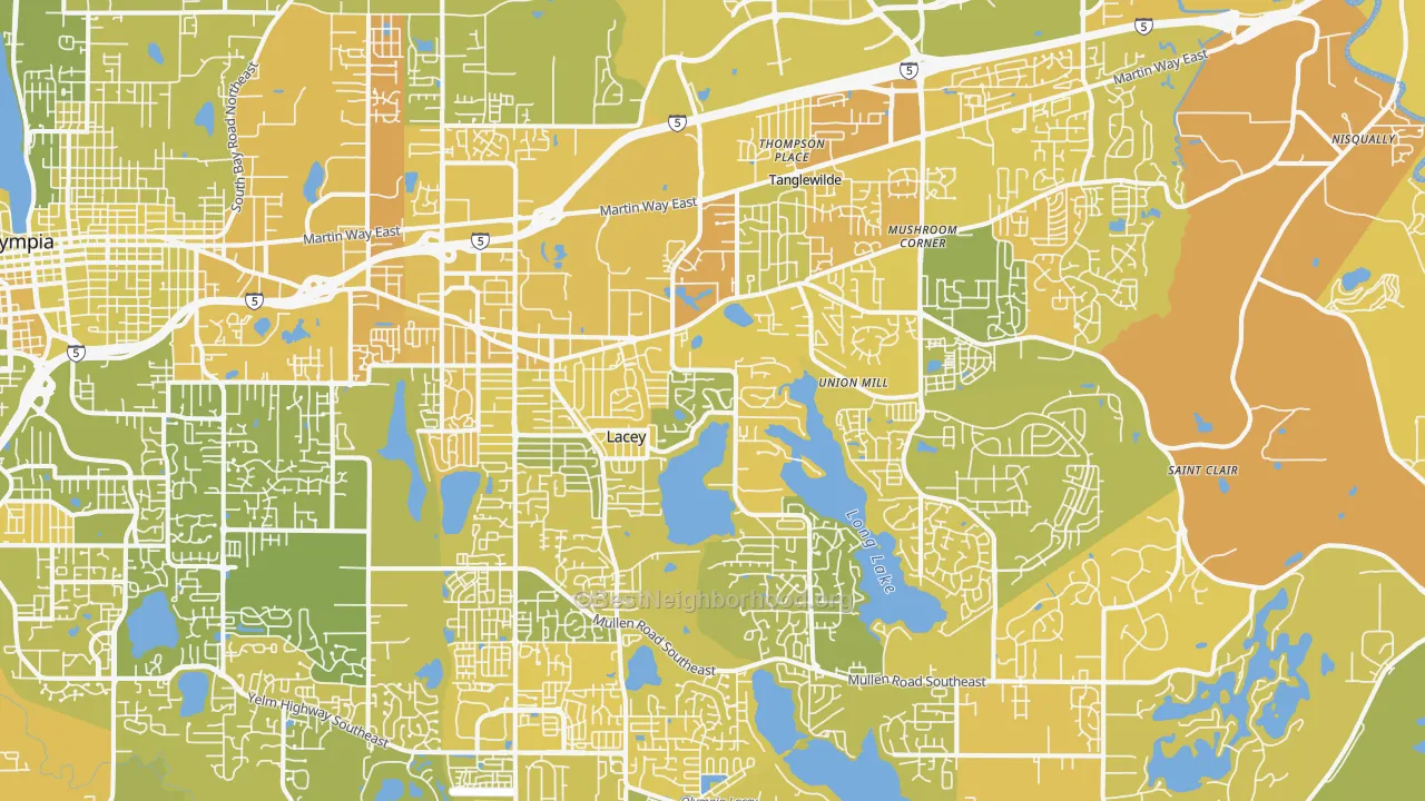 Map of the best neighborhoods in the Lacey area, with better matches in green and worse matches in red