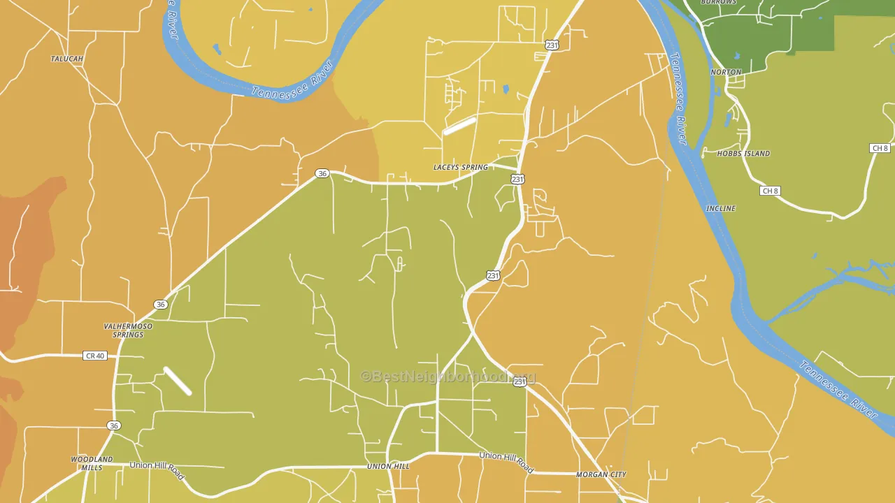 Map of the best neighborhoods in the Laceys Spring area, with better matches in green and worse matches in red