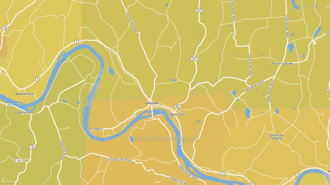 Map of the best neighborhoods in the Laceyville area, with better matches in green and worse matches in red