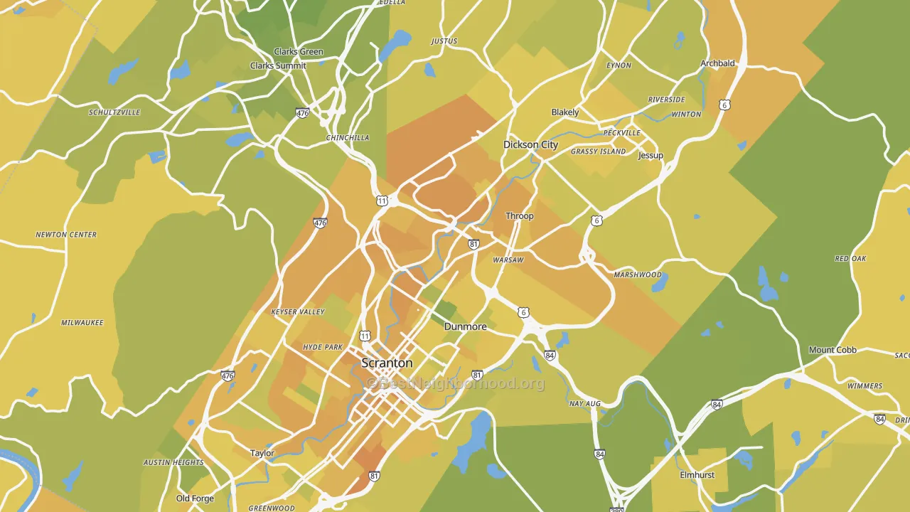Map of the best neighborhoods in the Lackawanna County area, with better matches in green and worse matches in red