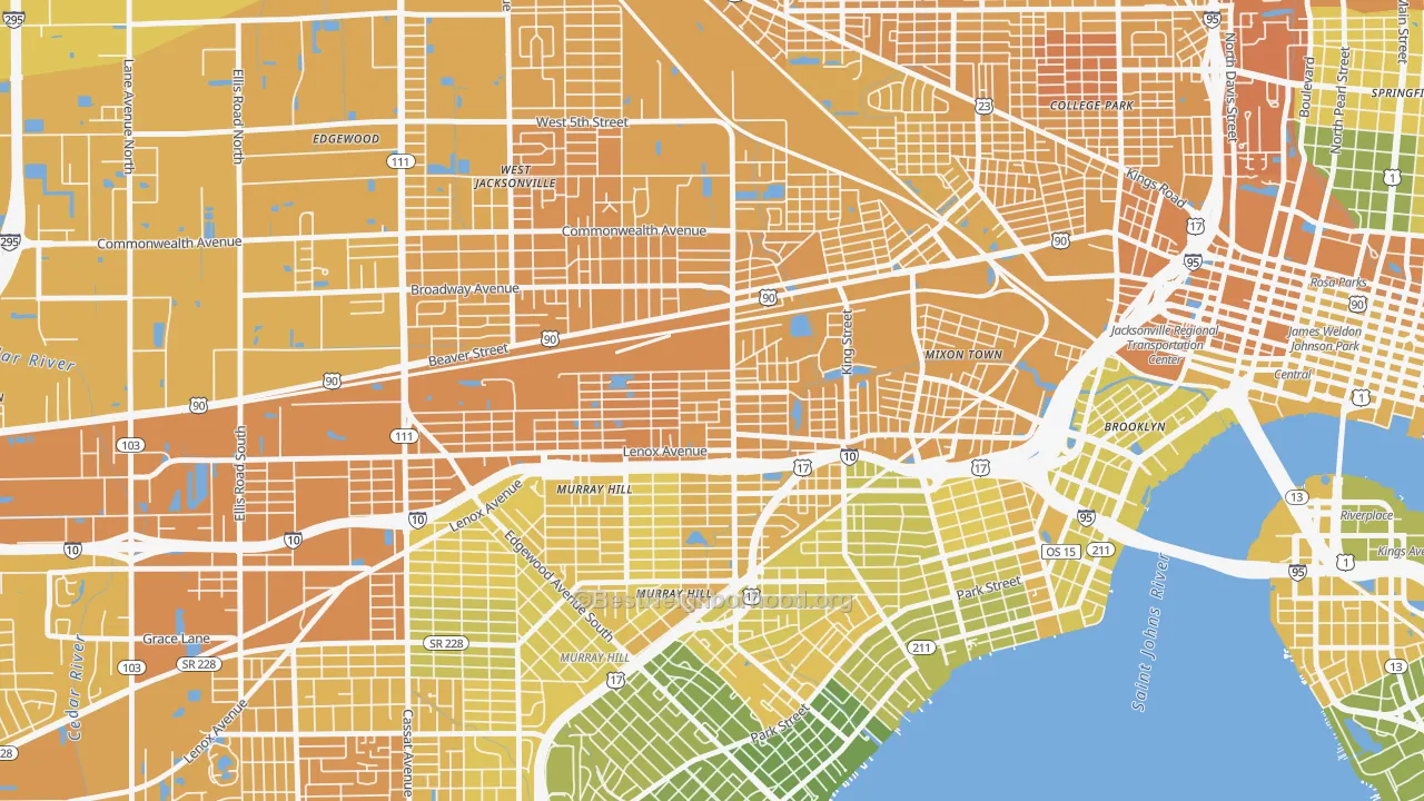 Map of the best neighborhoods in the Lackawanna, Jacksonville area, with better matches in green and worse matches in red