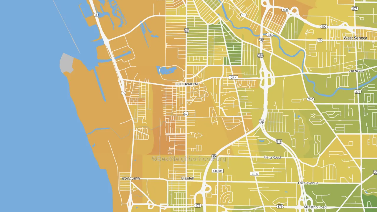 Map of the best neighborhoods in the Lackawanna area, with better matches in green and worse matches in red