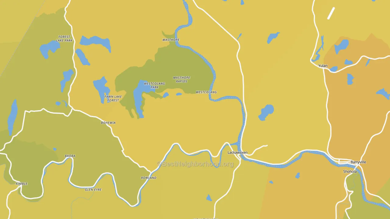 Map of the best neighborhoods in the Lackawaxen area, with better matches in green and worse matches in red
