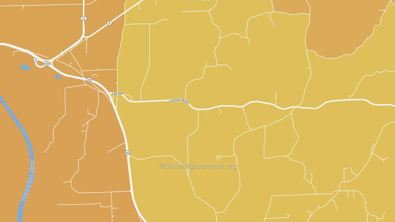 Map of the best neighborhoods in the Lackey area, with better matches in green and worse matches in red