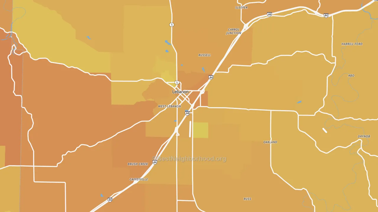Map of the best neighborhoods in the Laclede County area, with better matches in green and worse matches in red