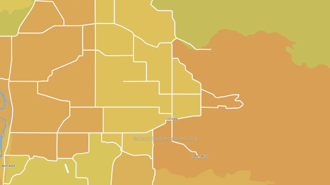 Map of the best neighborhoods in the Lacomb area, with better matches in green and worse matches in red