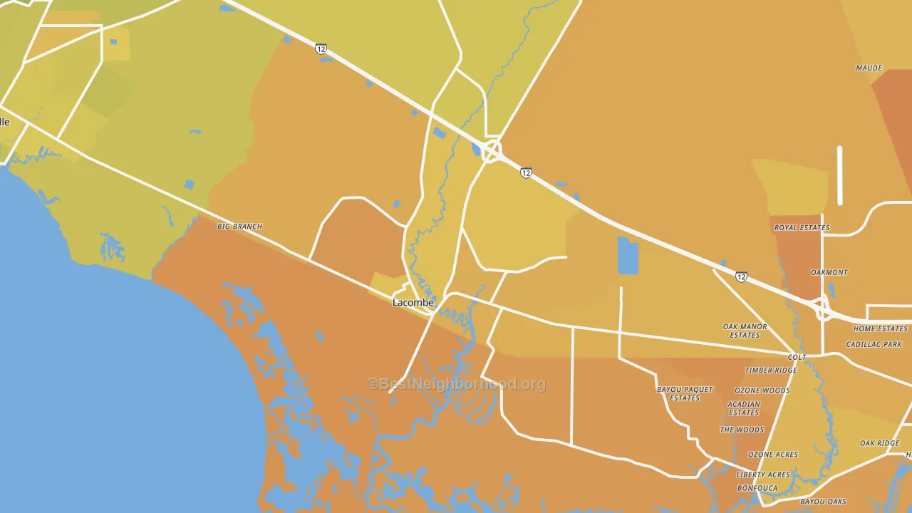 Map of the best neighborhoods in the Lacombe area, with better matches in green and worse matches in red