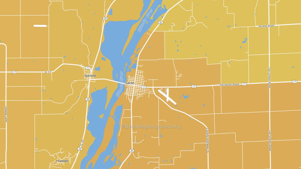 Map of the best neighborhoods in the Lacon area, with better matches in green and worse matches in red